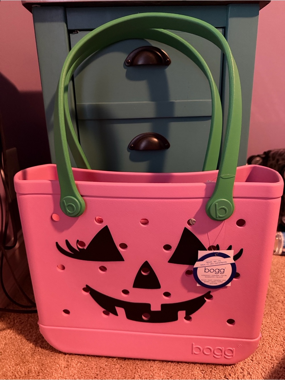 BOGG BAG Pink Tote with Green Handles and Pumpkin Face medium size - Picture 2 of 3